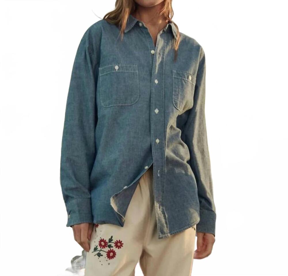 NEW THE GREAT. road long sleeve button down shirt in shoreline